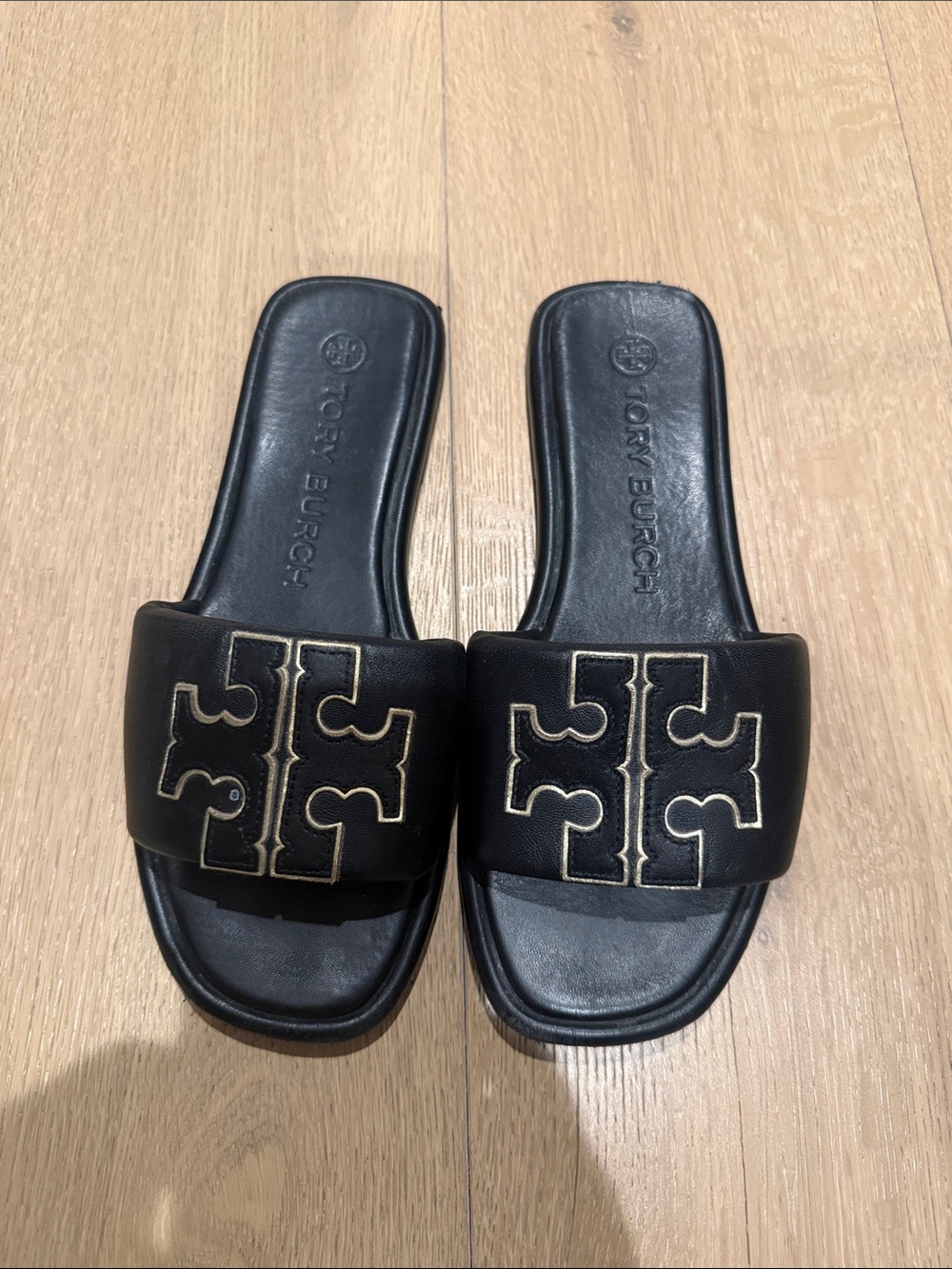 Tory Burch Black Slide Sandals with Gold Logo Stitching